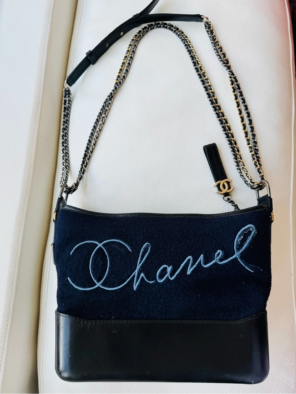 Chanel Gabrielle Medium Navy Paris Hamburg Collection Wool Bag Multi-Metal Chain